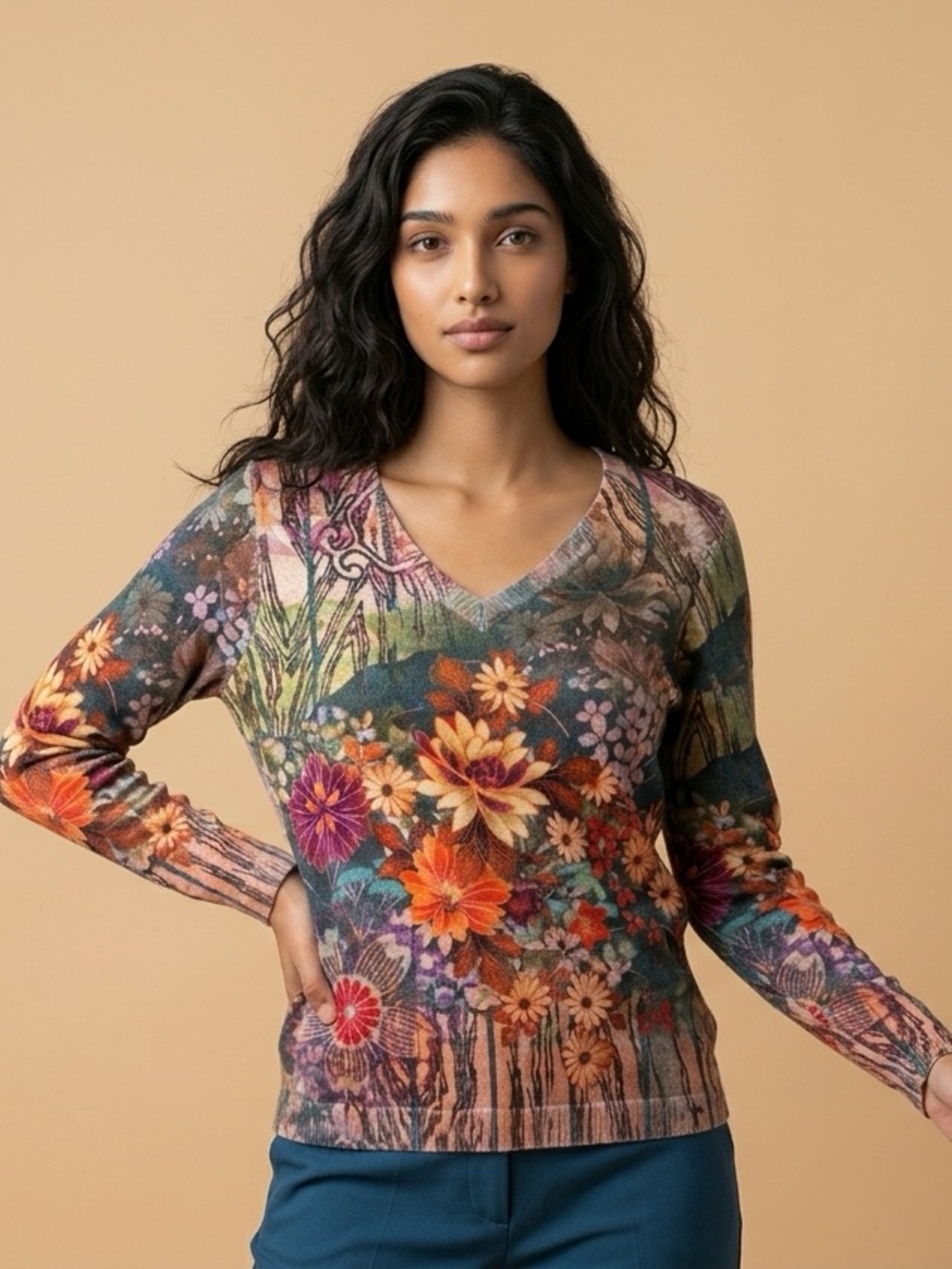 Christopher & Banks Multi Color Floral Cottagecore V-Neck Knit Sweater-L